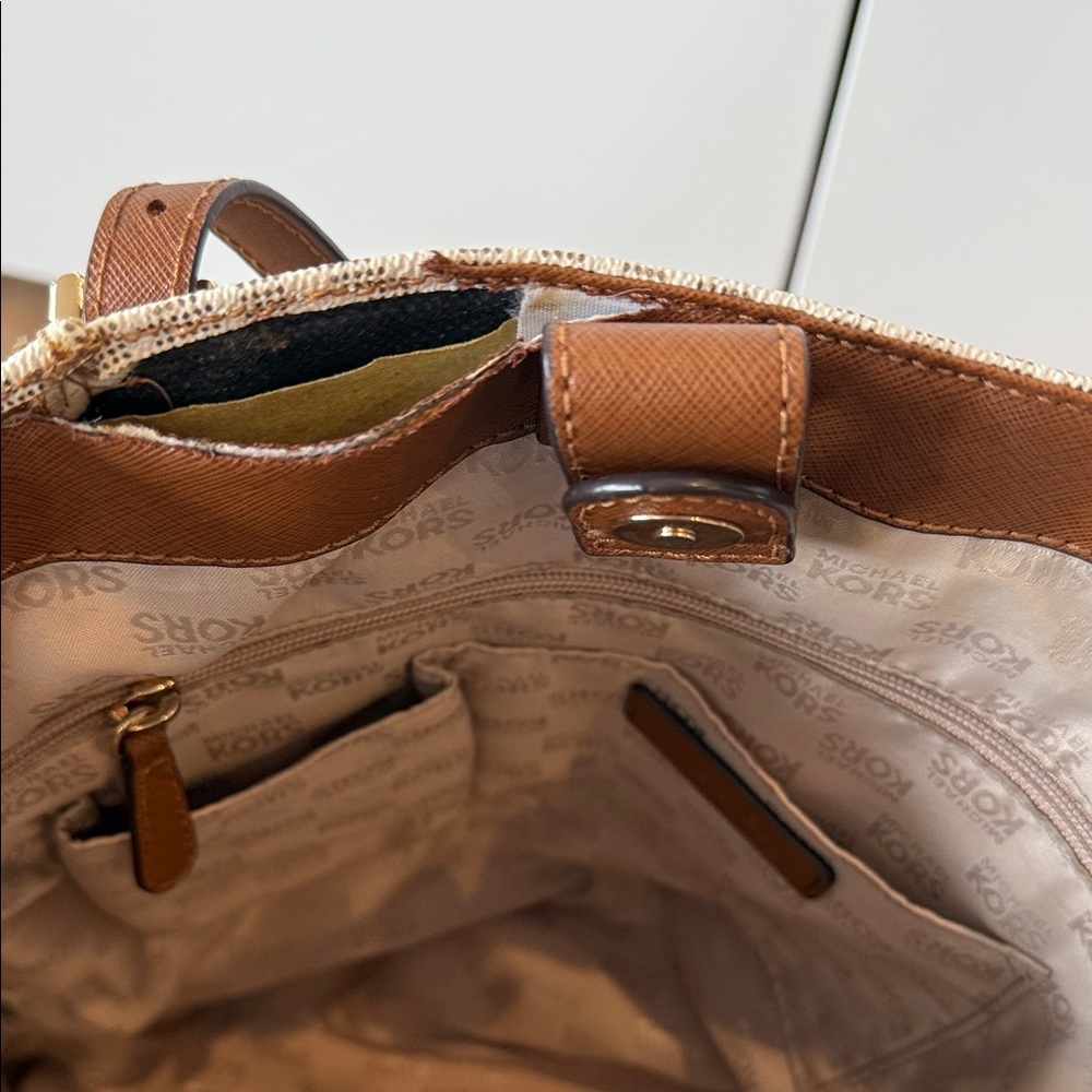 Michael Kors Cream and Brown Tote Bag coated leather gold purse handbag MK - Picture 10 of 11